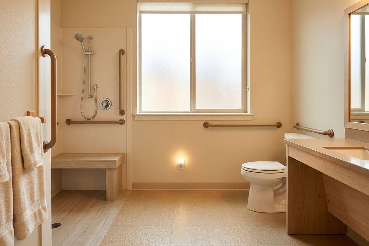 An accessible bathroom in a memory care community with grab bars, roll-in shower with bench and handheld sprayer, and other senior-friendly features.